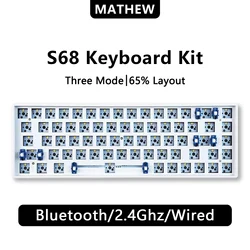 （White Light) Mathew Tech S68 Three Mode Mechanical Keyboard Barebone 68 Keys 65% Layout Hot Swap Gaming Keyboard DIY Kit
