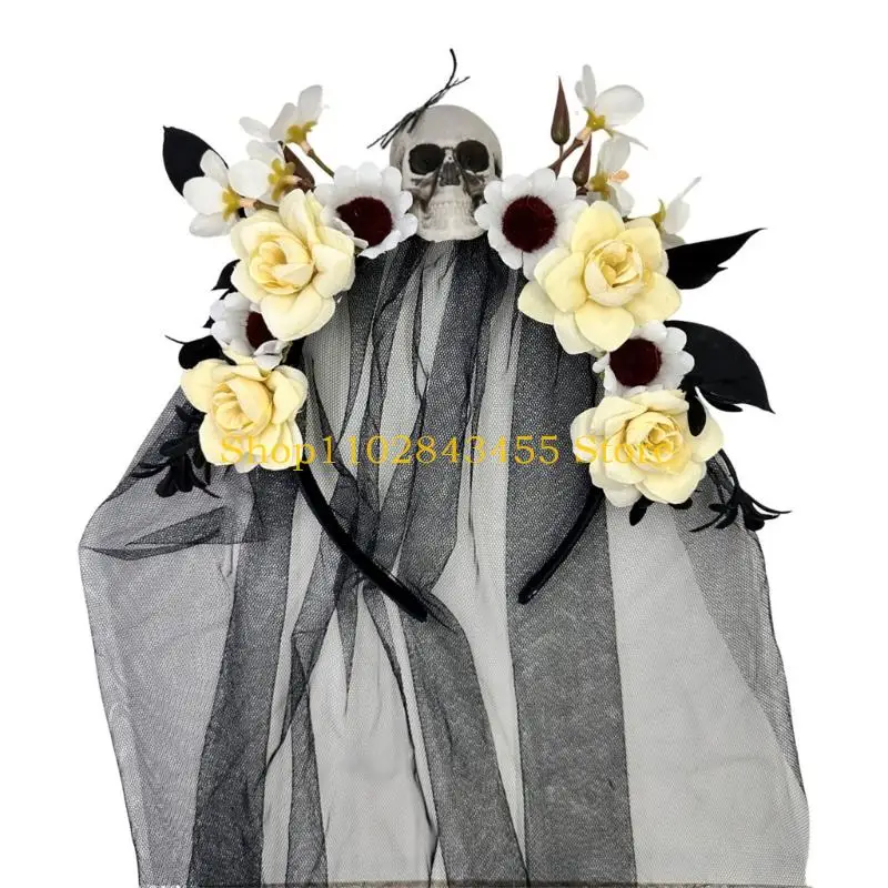 49MC Flower Skull Hairband Hair Styling Accessory Halloween Witch Hairband For Adult Theme Party Photography Wear Headpiece