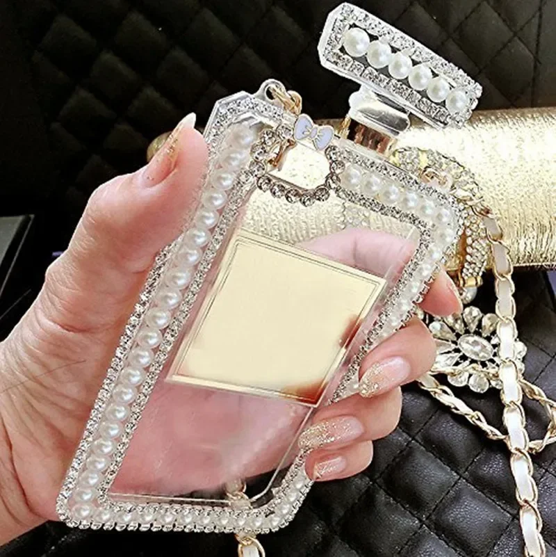 Fashion Bling Diamond Pearl Perfume Bottle Chain Handbag Cover For iPhone 13 14 12 16Pro X XS MAX XR 15  16Plus Phone Case