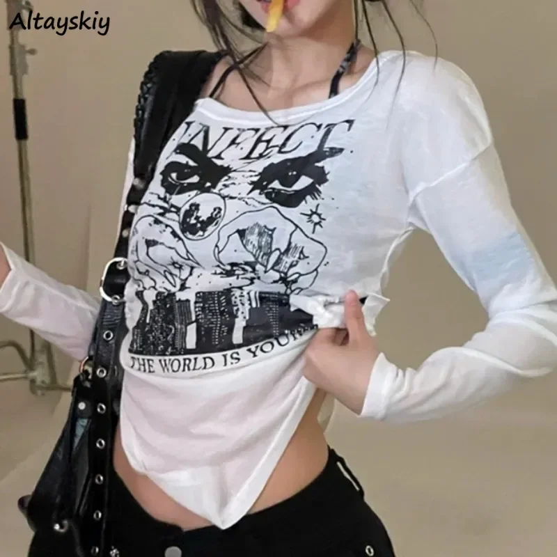 Y2k T-shirts Women Long Sleeve Skew Neck Off Shoulder Clothing Spring Summer Retro Hip Hop Sexy All-match Hip Hop Aesthetic Ins