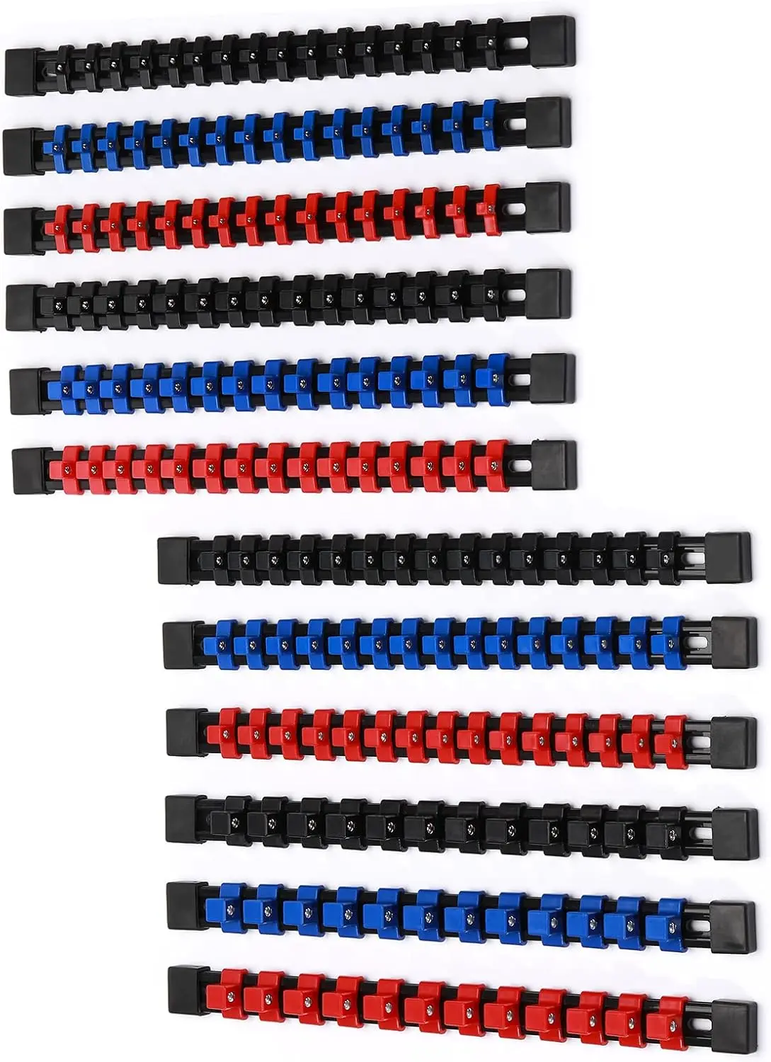 

ABS Socket Organizer with 174 Clips, 1/4 3/8 1/2 Inch, Heavy Duty Molded, Blue Red Black