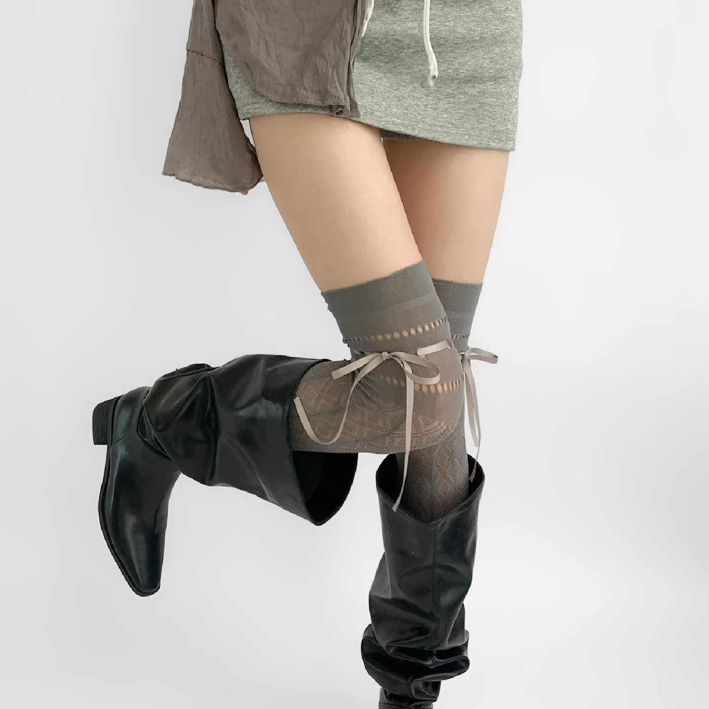 リボンオーバーレイストッキング おしゃれなオーバーニーレースソックス ニットコットンロングソックス 肌に優しいレースニーハイソックス