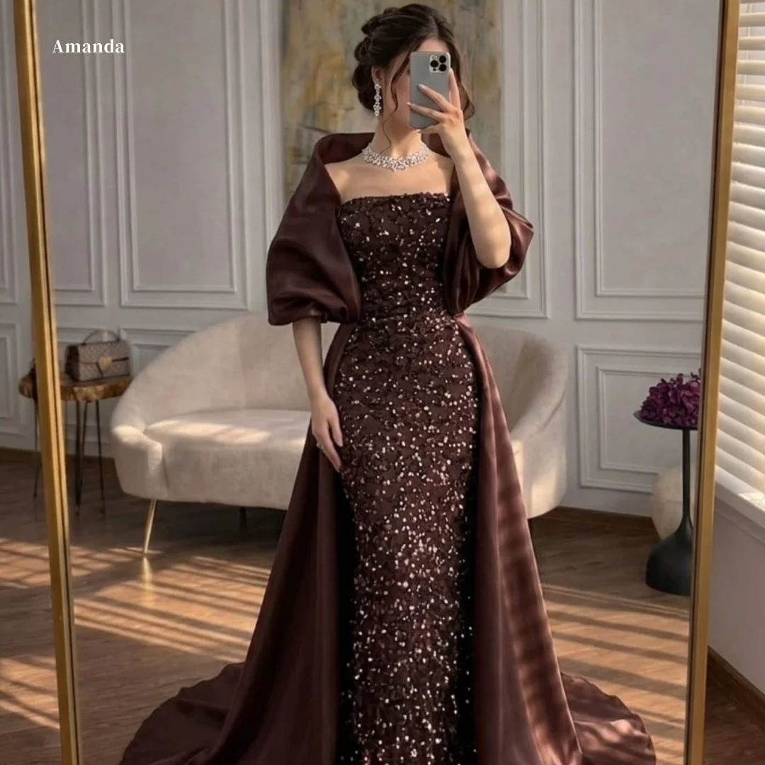 Amanda Customized Brown Strapless Sequin Mermaid Formal Evening Prom Dress vestidos de noche with Matching Cape 2026 New Arrival