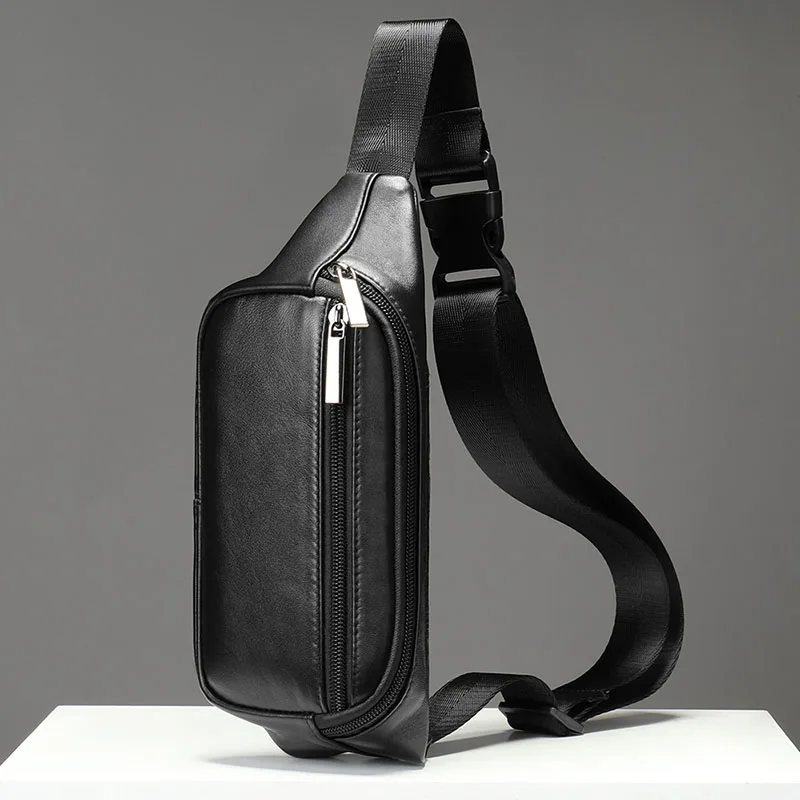 Luufan Multifunction Men's Chest Bag 2 Use Genuine Leather Male Single Shoulder Belt Waist Bag Sling Chest Pack For Biker Black