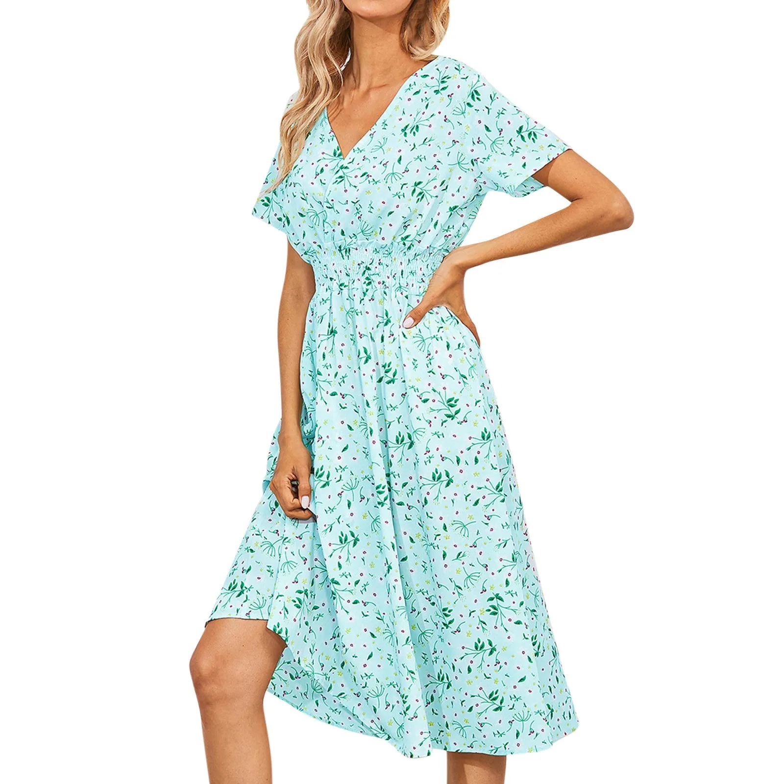 Chiffon Dress Summer Dress 2024 Retro Red Floral Print Female Casual V-neck Short-sleeved A-line Beach Long Robe Dress