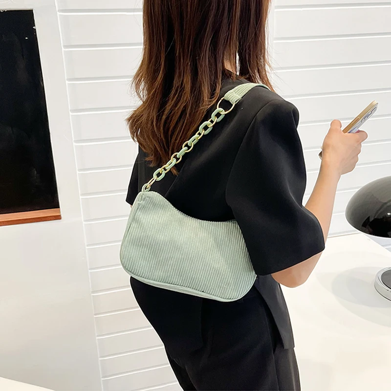 Fashion Vintage Women Handbags Corduroy Underarm Bag Casual Women Shoulder Bags Solid Color Zipper Female Handbag Clutch