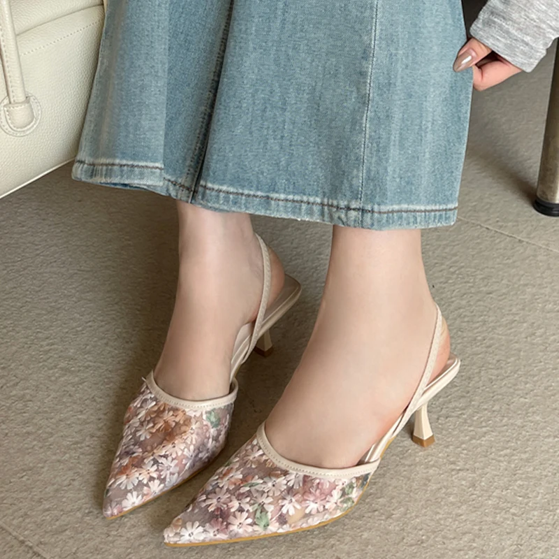 

Eilyken Spring Design Embroider Sexy Hollow Out Woman Slippers Sandals Pointed Toe Stiletto Heels Mesh Ladies Shoes