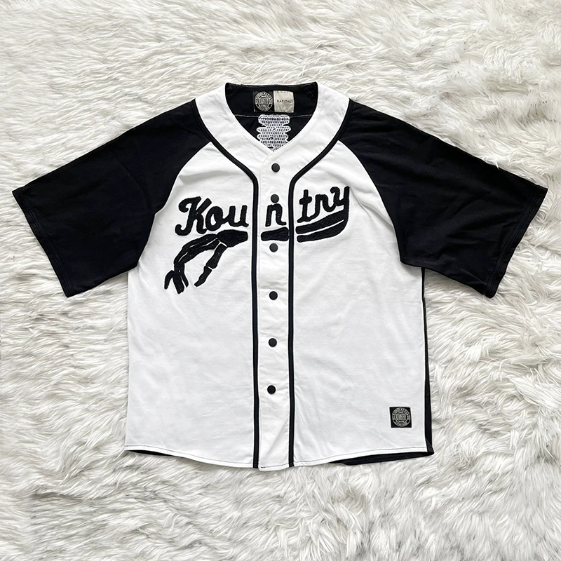 

KAPITAL Hand Bone Baseball Short Sleeve Shirt Men Women Back Embroidery Skulls Skeleton Pattern Casual Shirts Tops