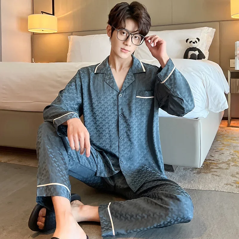 High Quality Men's silk pajamas long sleeve nightgown Solid color jacquard  home wear men's satin sleepwear set