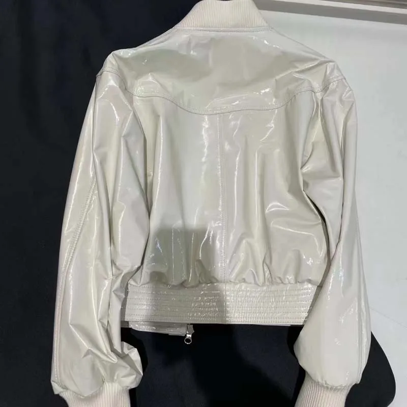 Chaqueta de cuero genuino para mujer, abrigo con cuello redondo, mangas textiles de retazos, ropa de abrigo negra de charol, nueva moda de primavera, 2024