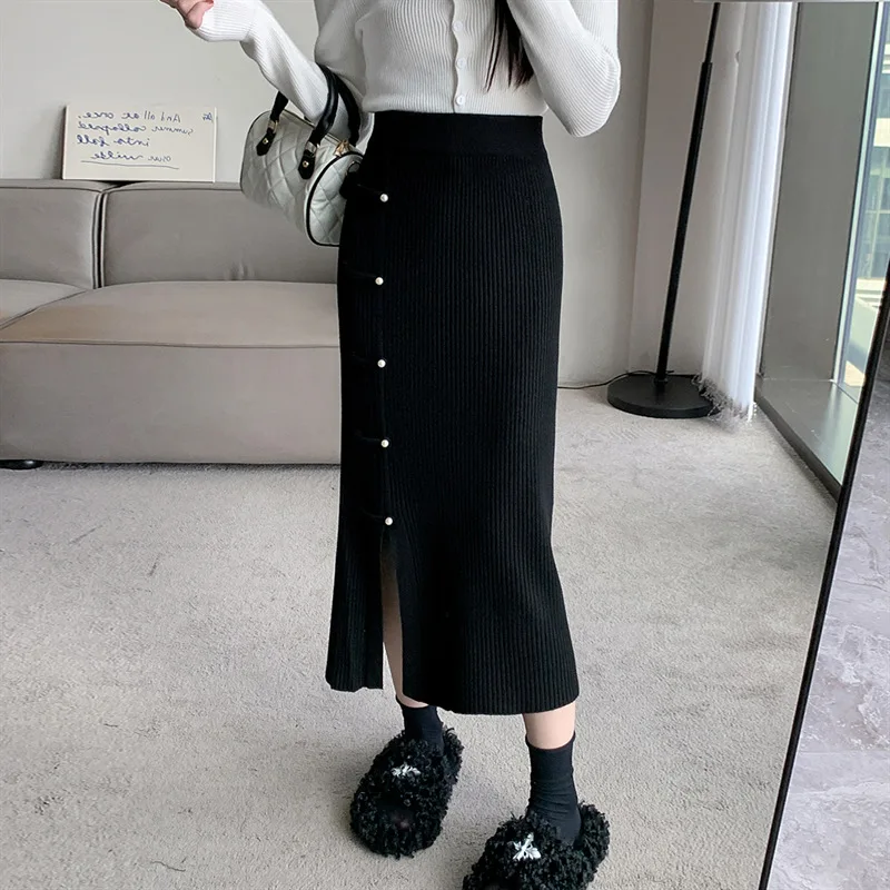 Style chinois tricoté jupes longues pull mince a-ligne hanche taille haute côté fente boutons décontracté bureau dame Streetwear jupes