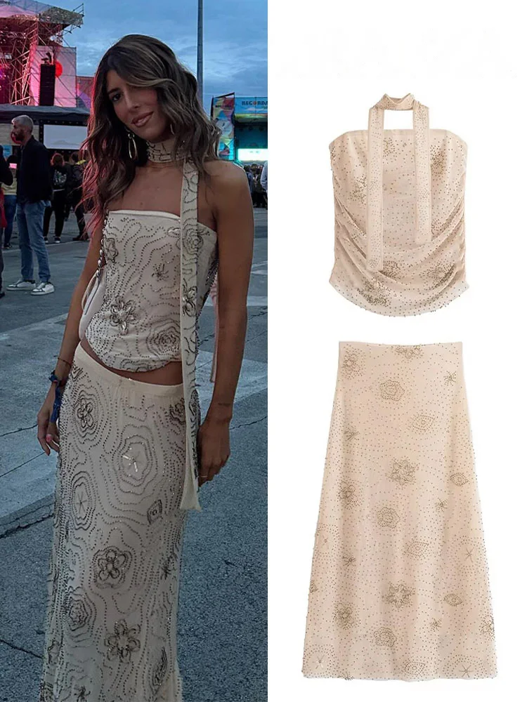 

HH женский элегантный комплект с юбкой, украшенный бисером, плиссированные шорты без рукавов с открытой спиной, топы + трапециевидные сетчатые длинные юбки с высокой талией, костюмы