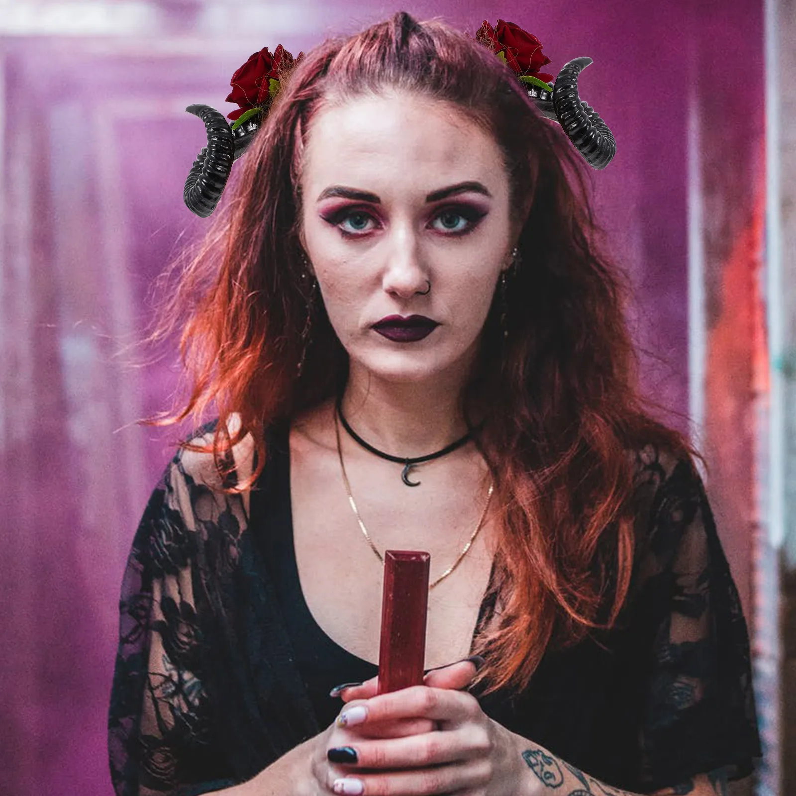 

Rose Headband for Girls Gothic Sheep Horn Hair Decoration Festival Party Wedding Photo Prop Cosplay Accessory Red Flower
