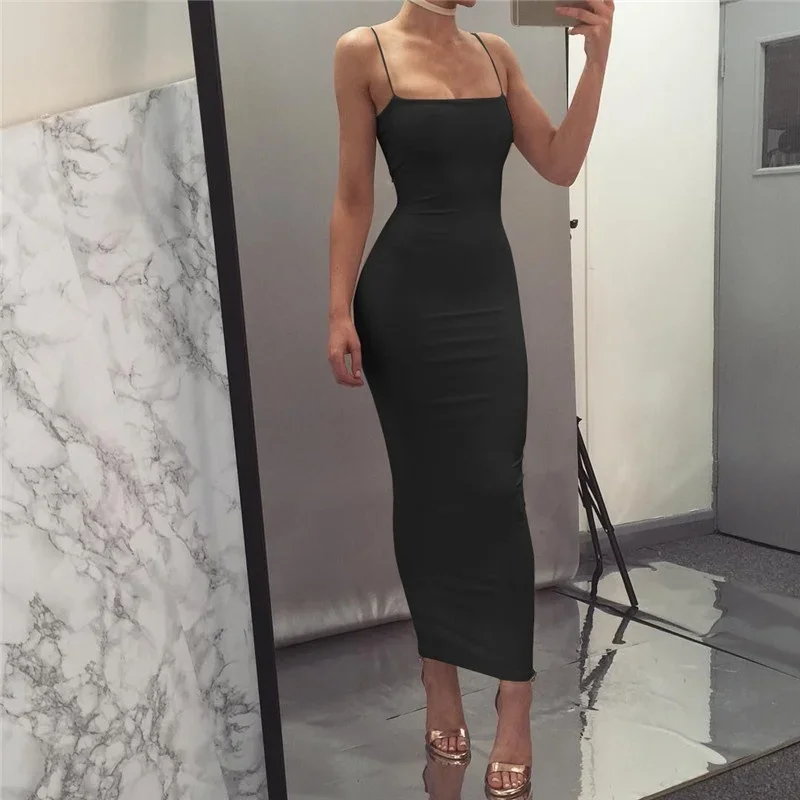 Women Sexy Bodycon Maxi Dress Spaghetti Strap Long Slip Dress Club Party Evening Wear Summer Fashion Dress