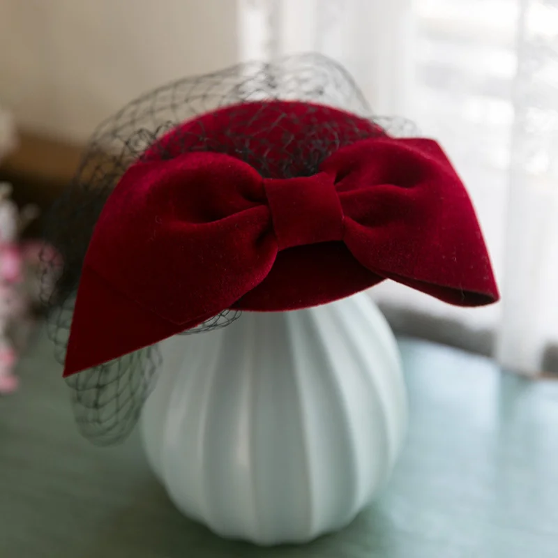 Bow Veils Fedora Hat Womens Hats Female French Wine Red Felt Wedding Fascinator Hat For Church Cocktail Party