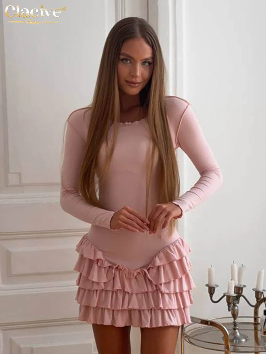 

Clacive Fashion Slim Pink Knitted Women's Dress 2025 Bodycon O-Neck Long Sleeve Mini Dresses Elegant Classic Solid Female Dress
