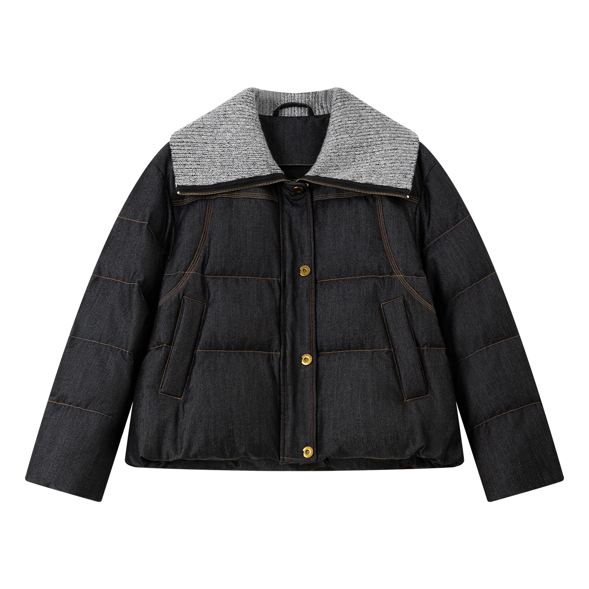 VIMLY Schwarze übergroße Daunenmäntel für Damen, 2025, Winter, Kontrastfarbe, Umlegekragen, Pufferjacken, Reißverschlussmantel für Damen 50863