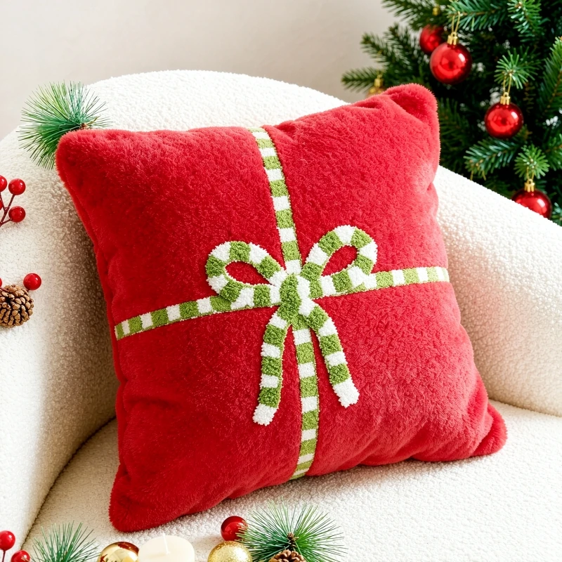 Gift Box Design Xmas Throw Pillow Cover 45x45cm Plush Soft Embroidered Elegant Decorative Cushion Case for Sofa Living Room