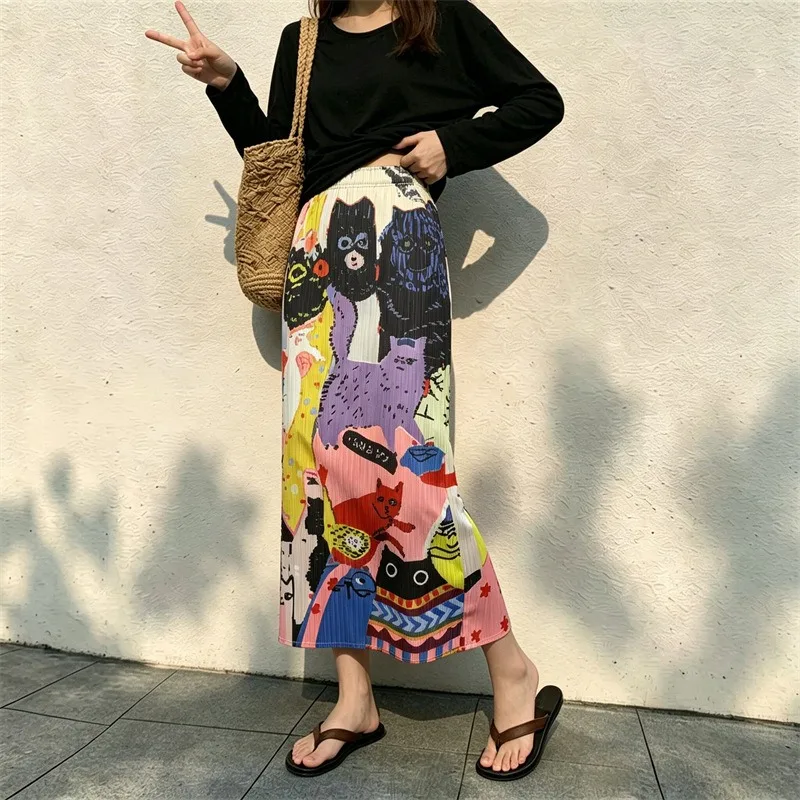 Miyake Pleated 2026 Summer New Design Cat Print Pleated Skirt Women Casual Draped High Waist Pleated Fashion Mid-Length Skirt
