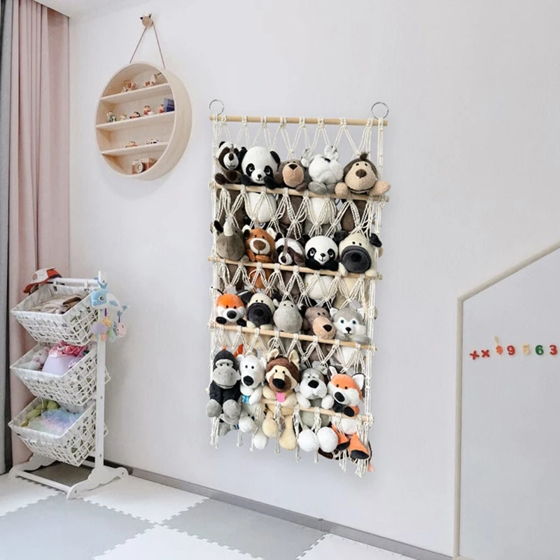 Wall Hanging Organizer Stuffed Animal Toy Net Hammock Nursery Plush Toy Storage Boho Macrame