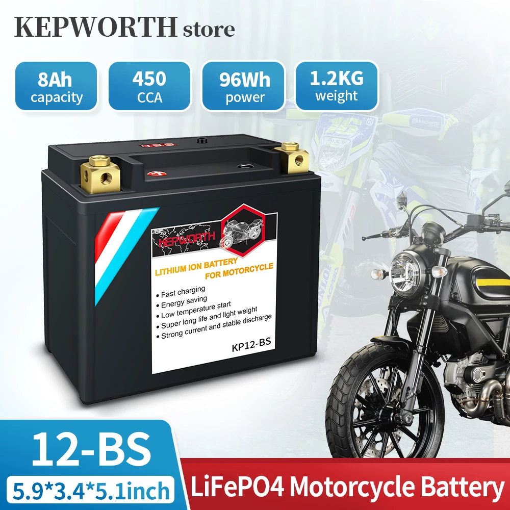 KEPWORTH 12-BS LiFePO4 Motorradbatterie 12V 8Ah Lithium-Powersports-Batterie mit integriertem CCA 450ABMS Ersatzbatterie für Motorrad, ATV, UTV, Yamaha, Vespa, Piaggio, Kymco