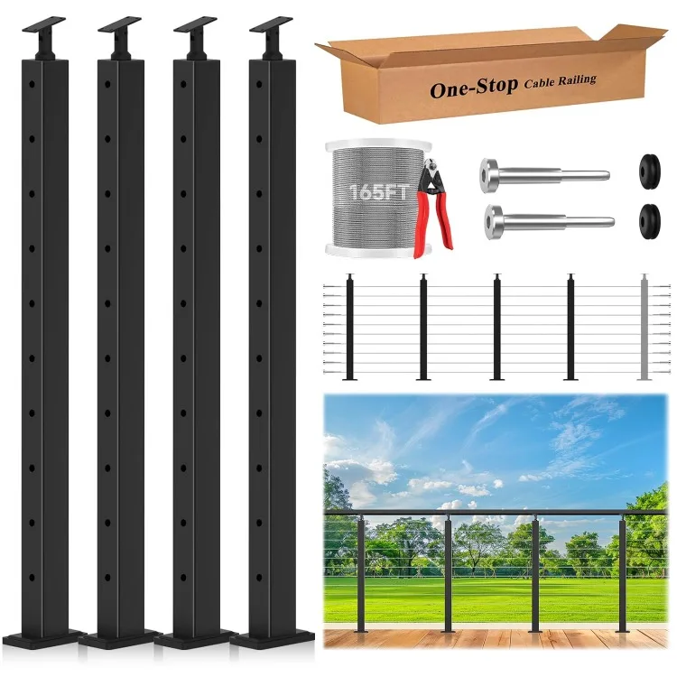 

Cable Railing System - 4Pack Adjustable Line Post Kit with 160ft Cable, 10 Terminals, 80 Grommets