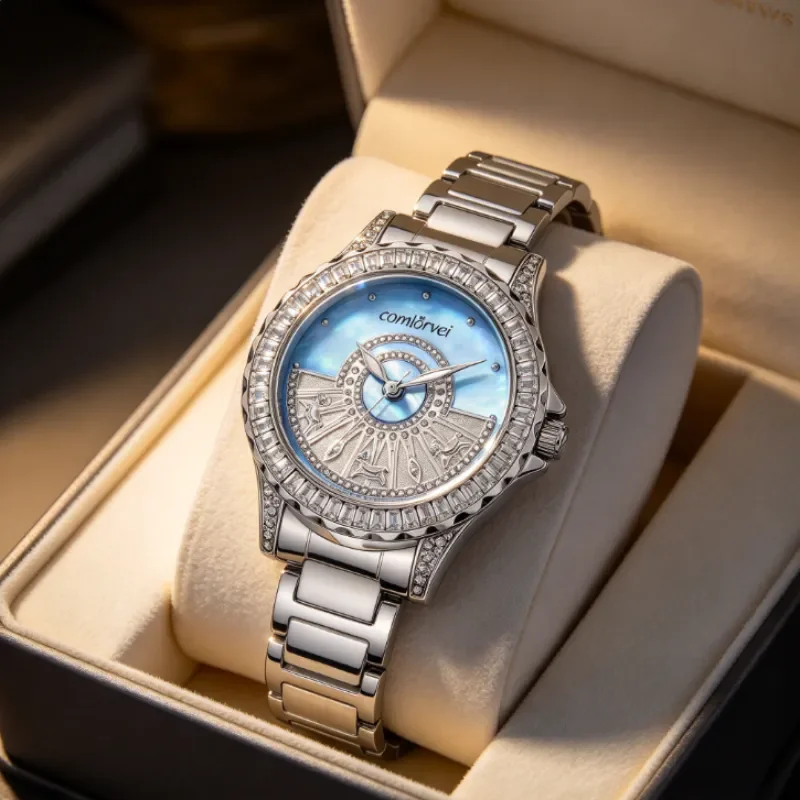 comlorvei Diamond Inlaid Women Watch, Carousel Engraved Mother of Pearl Dial, Luxury Stainless Steel Quartz Wrist Watch