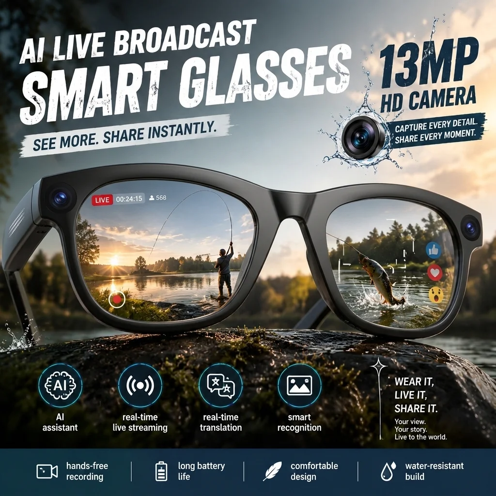 AI Smart Glasses for Business Travel, 13MP POV Camera, Live Streaming, Translation, Voice Assistant, Calls, Music, WiFi Sync App