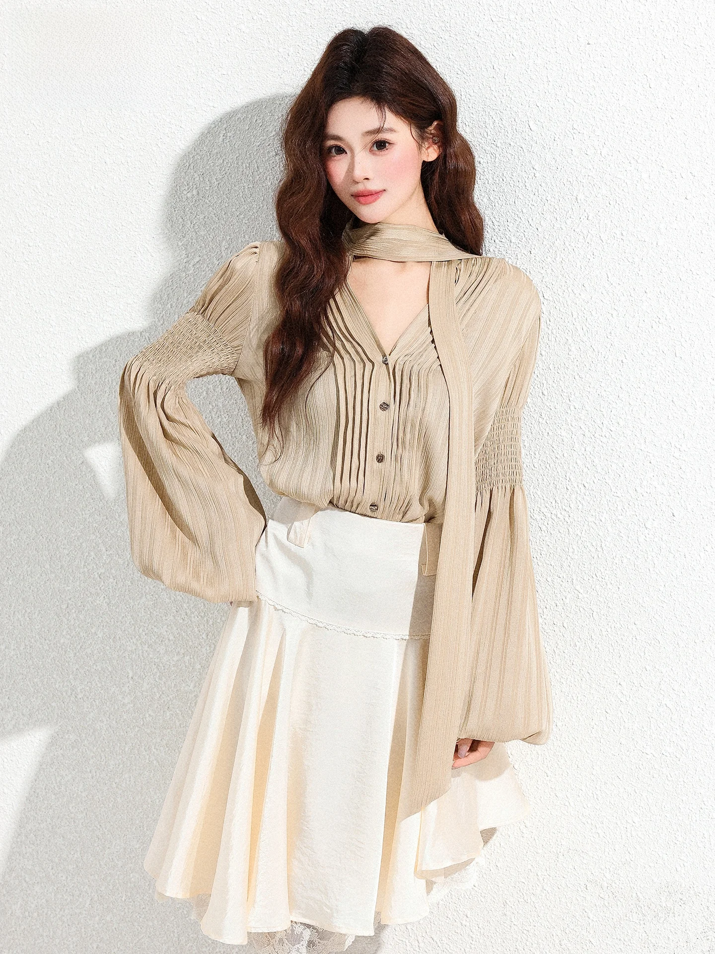 

Повседневная женская рубашка с рукавами-фонариками и узлами, летняя, с длинным рукавом, из газовой ткани, свободного кроя, с воротником на пуговицах