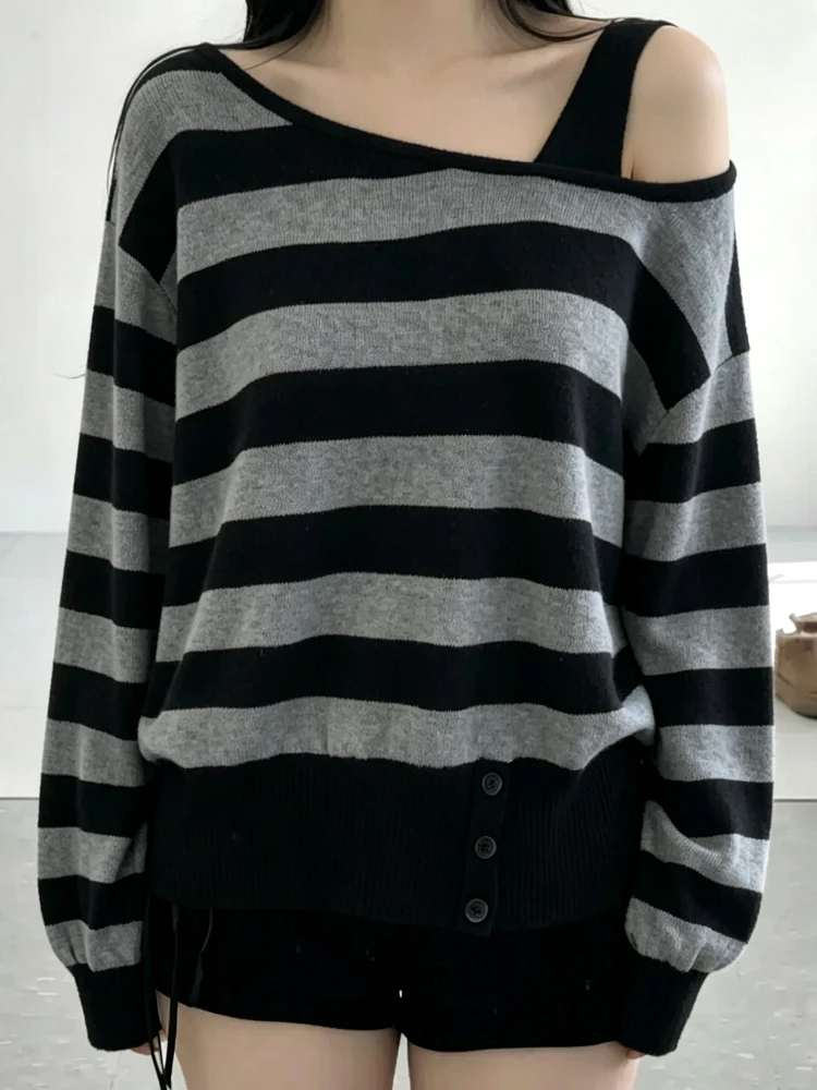 Korean Style Knitwear Sweater Womens Autumn Winter 2026 Striped Slim Fit Off Shoulder Pullover Y2k Harajuku Soft Trendy Clothing