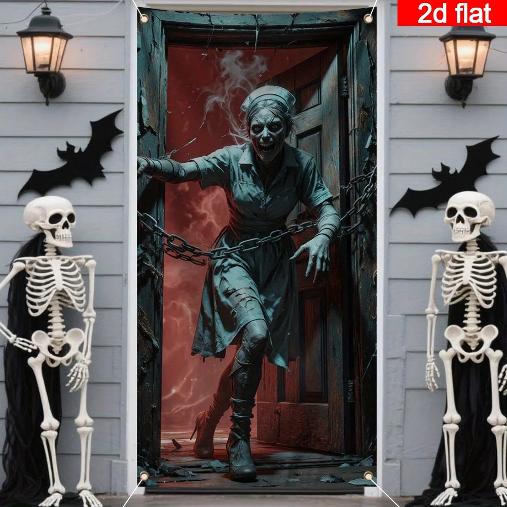2D flaches Halloween-Polyester-Türbanner – Zombie-Krankenschwester-Horrorbanner, geeignet für die Halloween-Dekoration