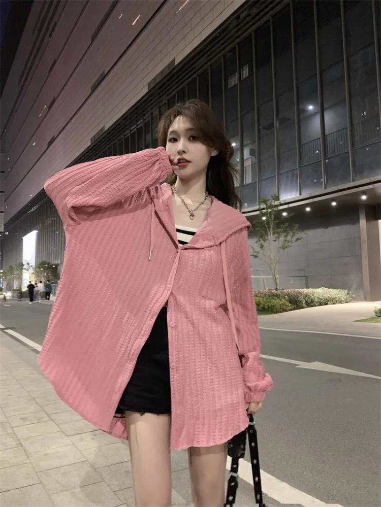 Korobov Hooded Shirt Coat Female Ropa De Mujer Summer Sun Protection Y2k Tops New Casual Loose Long Sleeve Solid Cardigan