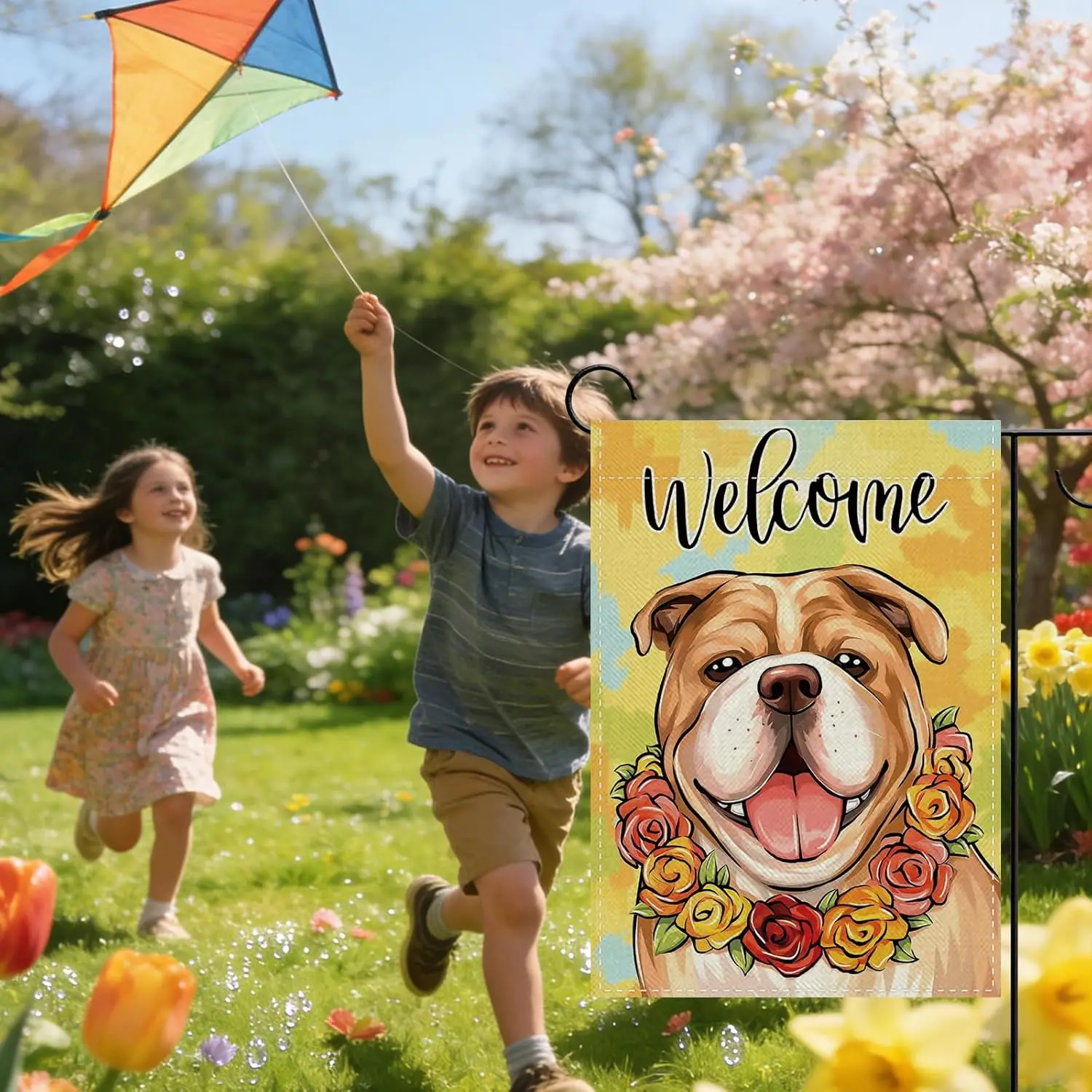 Welcome Spring Summer Bulldog Decorative Garden Flag, Oil Painting Puppy Floral Small Yard Outside Decoration, Pet Dog Owner MMZ