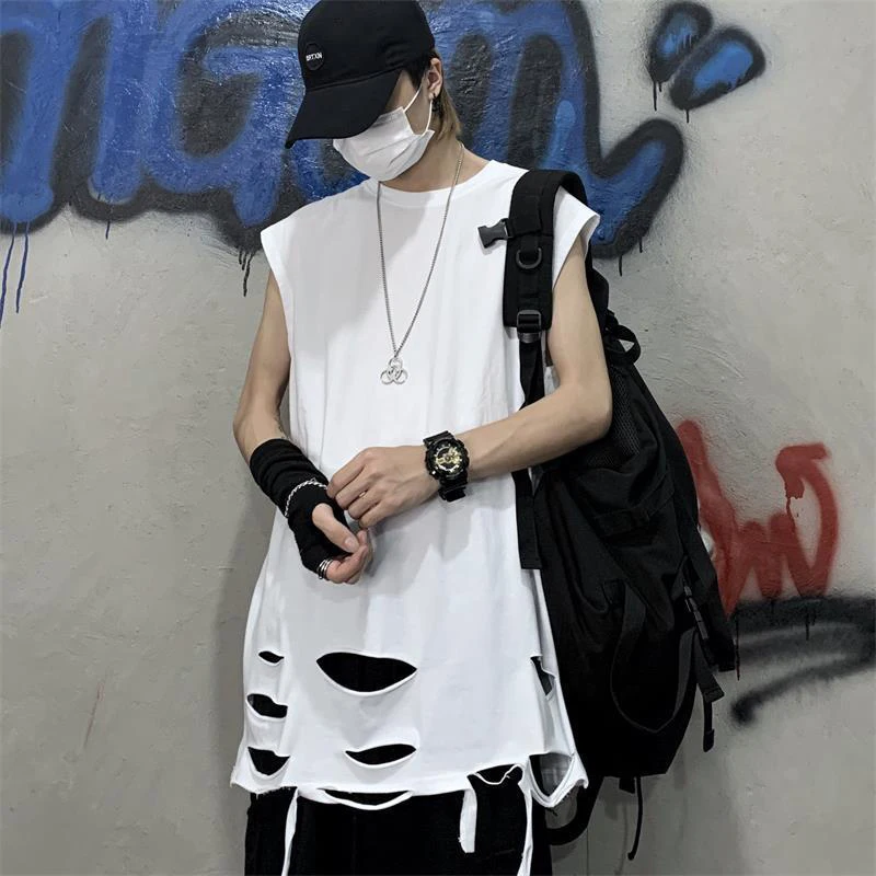 Fall Sleeveless Ripped Hole Men Tank Top Korean Fashion Trend 2xl 3xl Oversized All-match Inside T Shirt Hip Hop Punk Streetwear