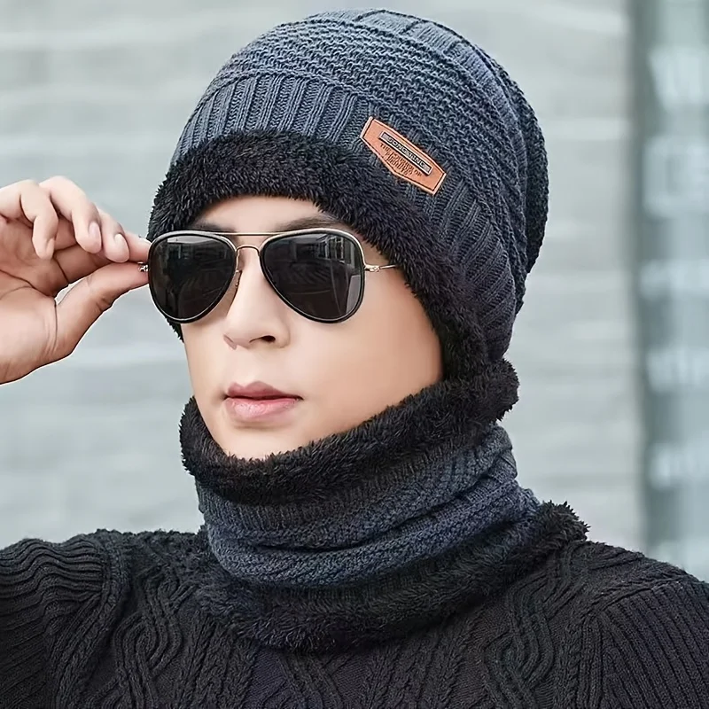 2-piece Men's Winter Warm Knitted Hat and Scarf Set for Outdoor Cold Weather Men's Warm Winter Hat and Scarf