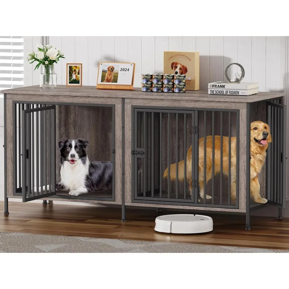 

78 Inch Dog Cage Furniture for 2 Pets with Divider, XXL Wooden Double Dog Crate Furniture TV Stand for Mideum and Large Breed,