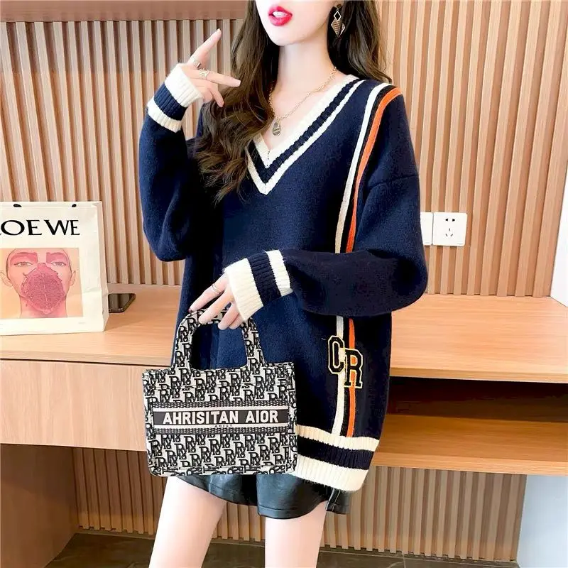 

Fashion Sweaters Women Design Sense V-neck Knitting Pullover 2024 Autumn Trend Outer Wear Tops Loose Korean Style Sweater Woman