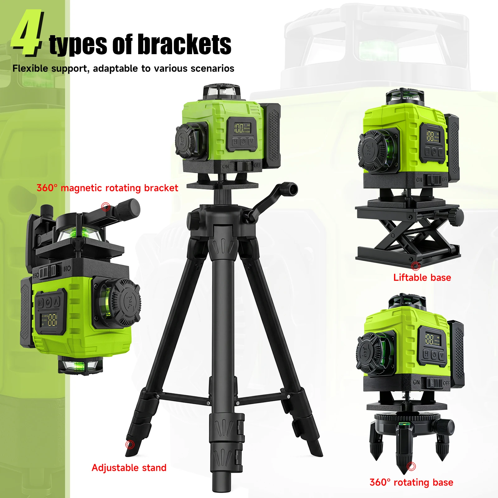 Livella Laser Verde 4D a 16 Linee Autolivellante, Strumento di Misurazione con 4 Tipi di Supporti, Batteria Ricaricabile per Costruzioni e Piastrellatura (Senza Treppiede)