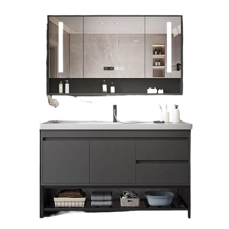 

Комплект мебели для ванной: столешница, тумба под раковину, тумба для ванной, встроенный керамический умывальник, зеркальный шкаф.