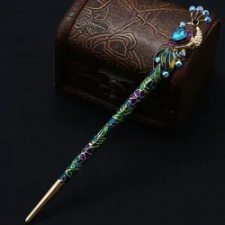 Retro Women Enamel Crystal Peacock Hair Stick Pin Chinese Style Handmade Accessories Beauty Styling Tools Bobby Hairpin