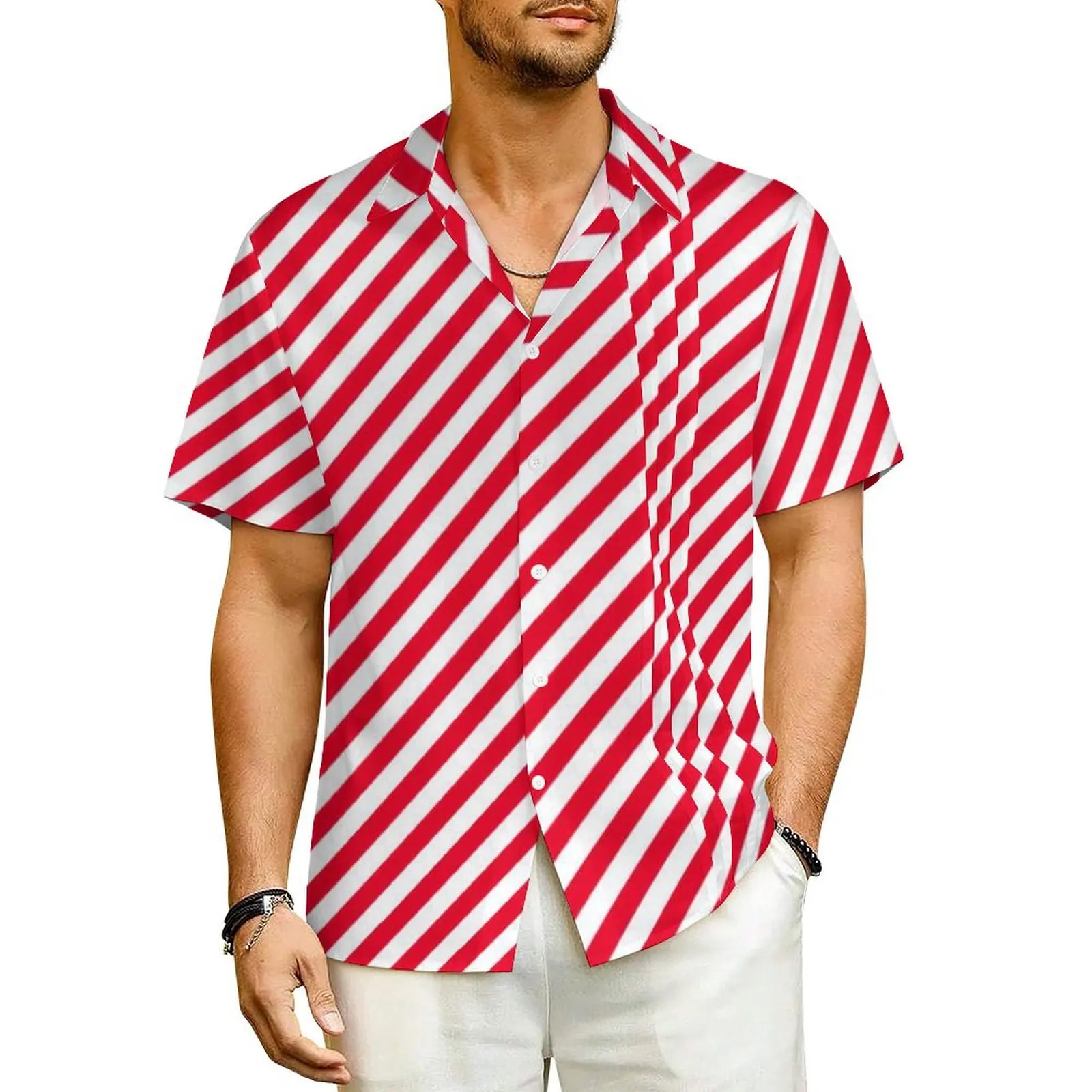 

Red White Diagonal Striped Vacation Shirt Man Red Stripes Christmas Elf Casual Shirts Hawaiian Short Sleeves Oversize Blouses