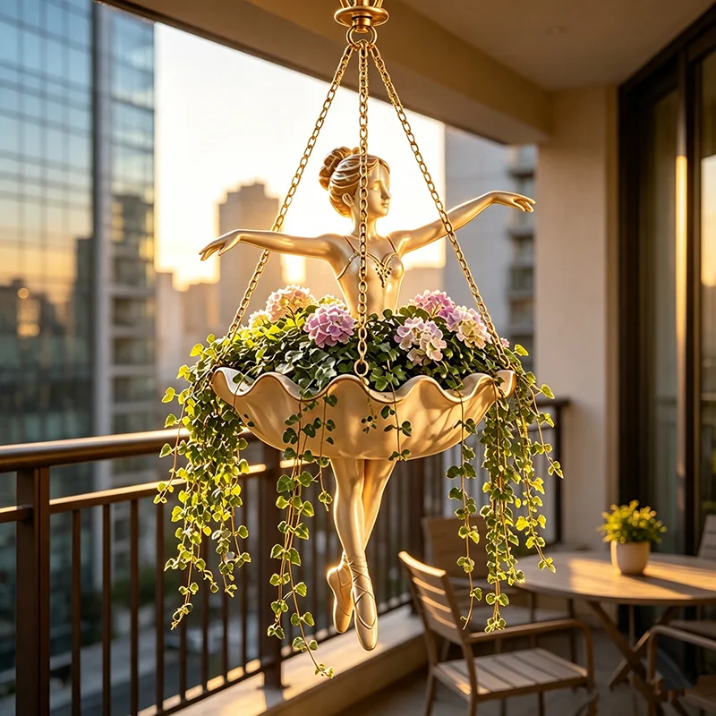 Ballettmädchen Hängepflanzgefäß aus Kunstharz, Kreatives Ornament für Außenbereich, Garten, Balkon, Dekoration, Hängender Blumentopf – Detail 4