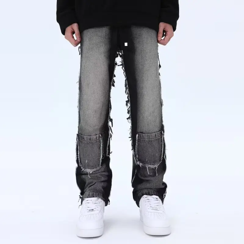 

Hip Hop Distressed Wide-leg Jeans Pants Men Flared Denim Mopping Trousers Male Vintage Loose Casual Japanese Streetwear B174