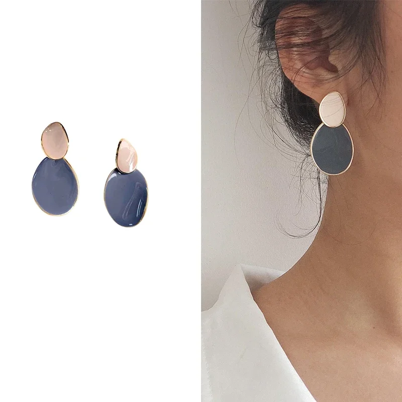 Enamel Brown Blue Rhombus Round Square Earrings Quality Oil Drop Geometric Clip on Earrings Women No Pierced Ears