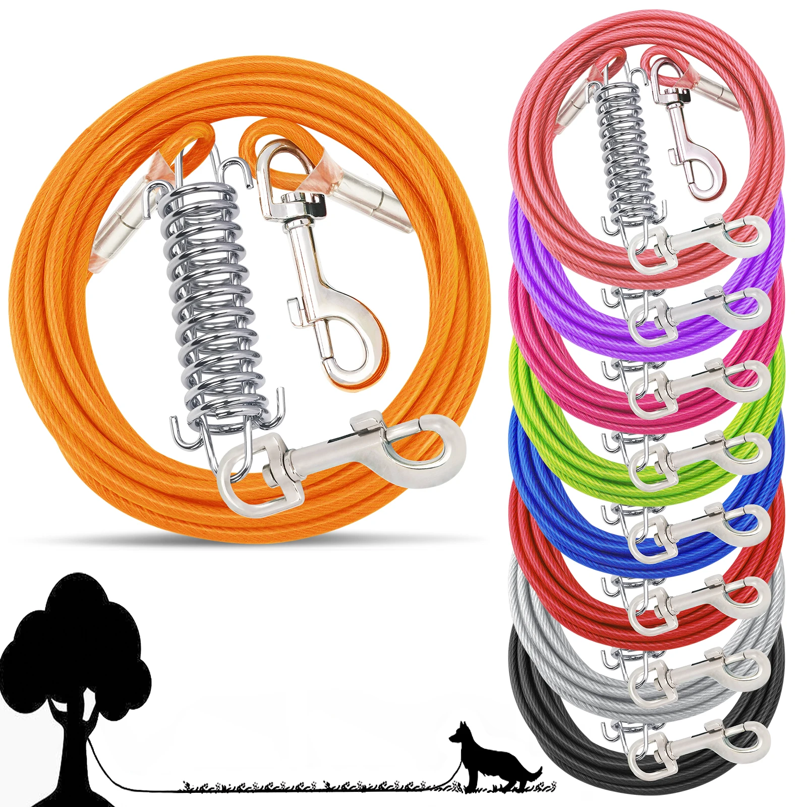 

Extra Durable Dog Tie Out Cable with Shock Absorbing Spring Rotatable Hook Heavy Duty Anti-Rust Dog Chains Dual Aluminum