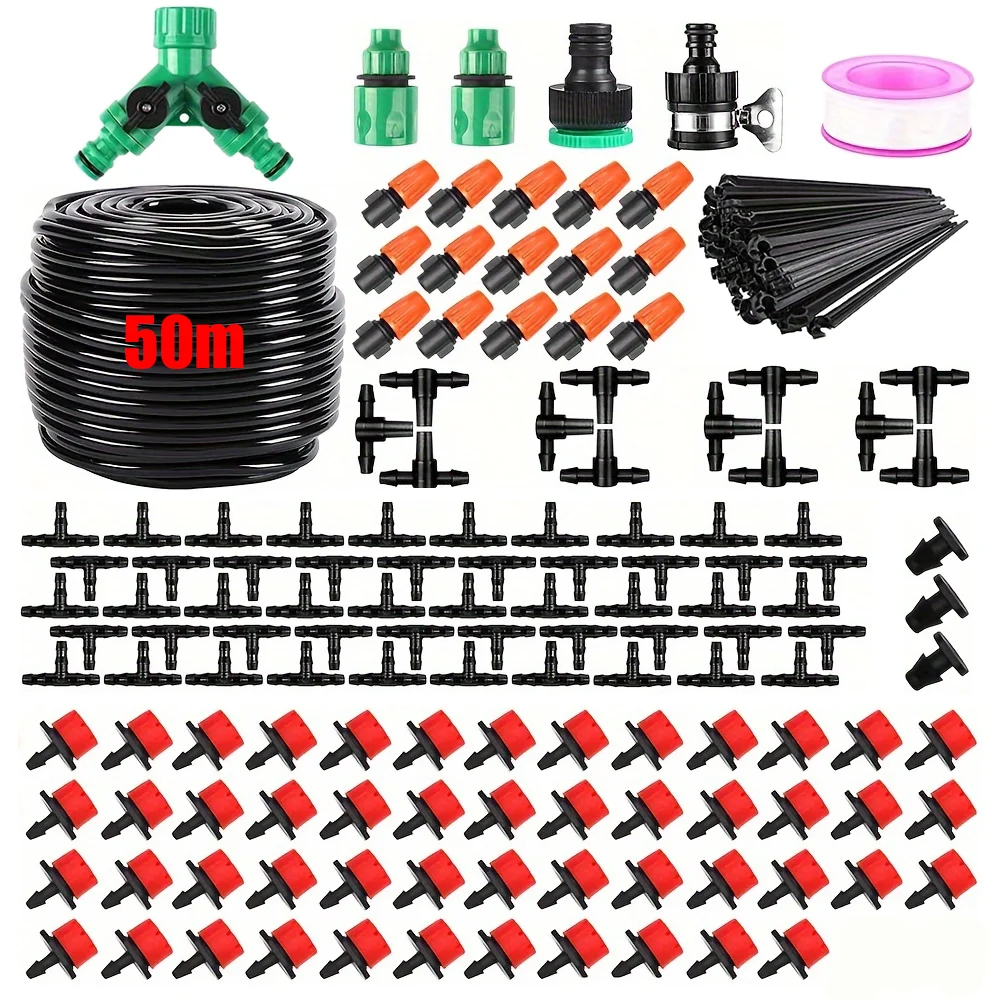 200PCS Drip Irrigation Kit, 50m Of 4/7 PVC Pipe Free Cutting And Assembly, DIY Garden, Lawn, Courtyard Automatic Watering System