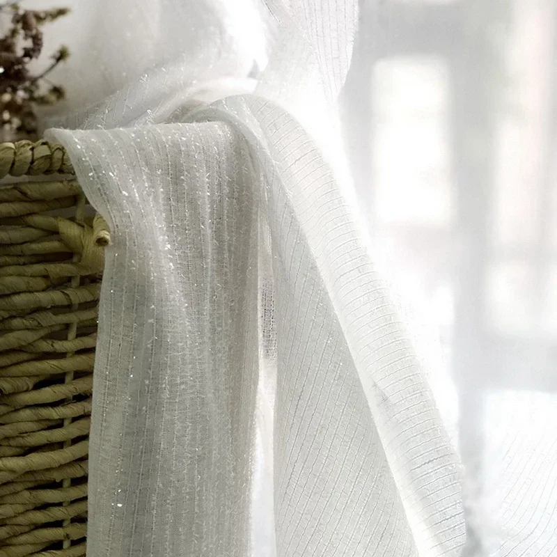 Cortina transparente blanca y plateada brillante para sala de estar, dormitorio, tiras simples modernas, gasa para ventana, cortinas de cocina