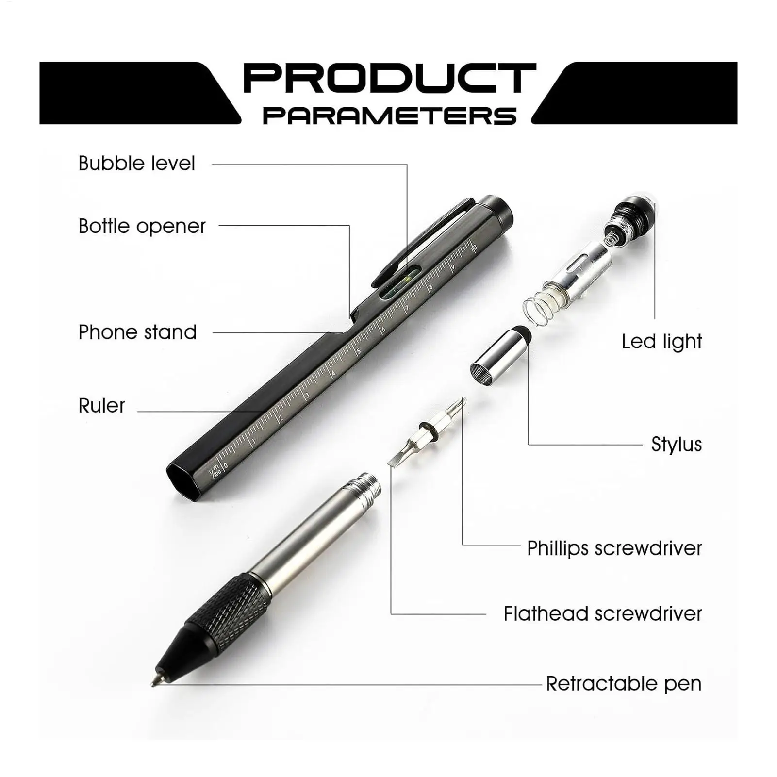 Professional 9in1 Multi tool Pen with LED Light Screwdriver Ruler Level Bottle Opener Survival Gear for Camping Workshop Repair