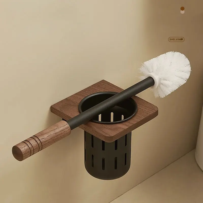 Brosse seau en bois de noyer, sans coins morts dans la salle de bains, support de rangement mural, brosse de nettoyage, accessoires de salle de bains