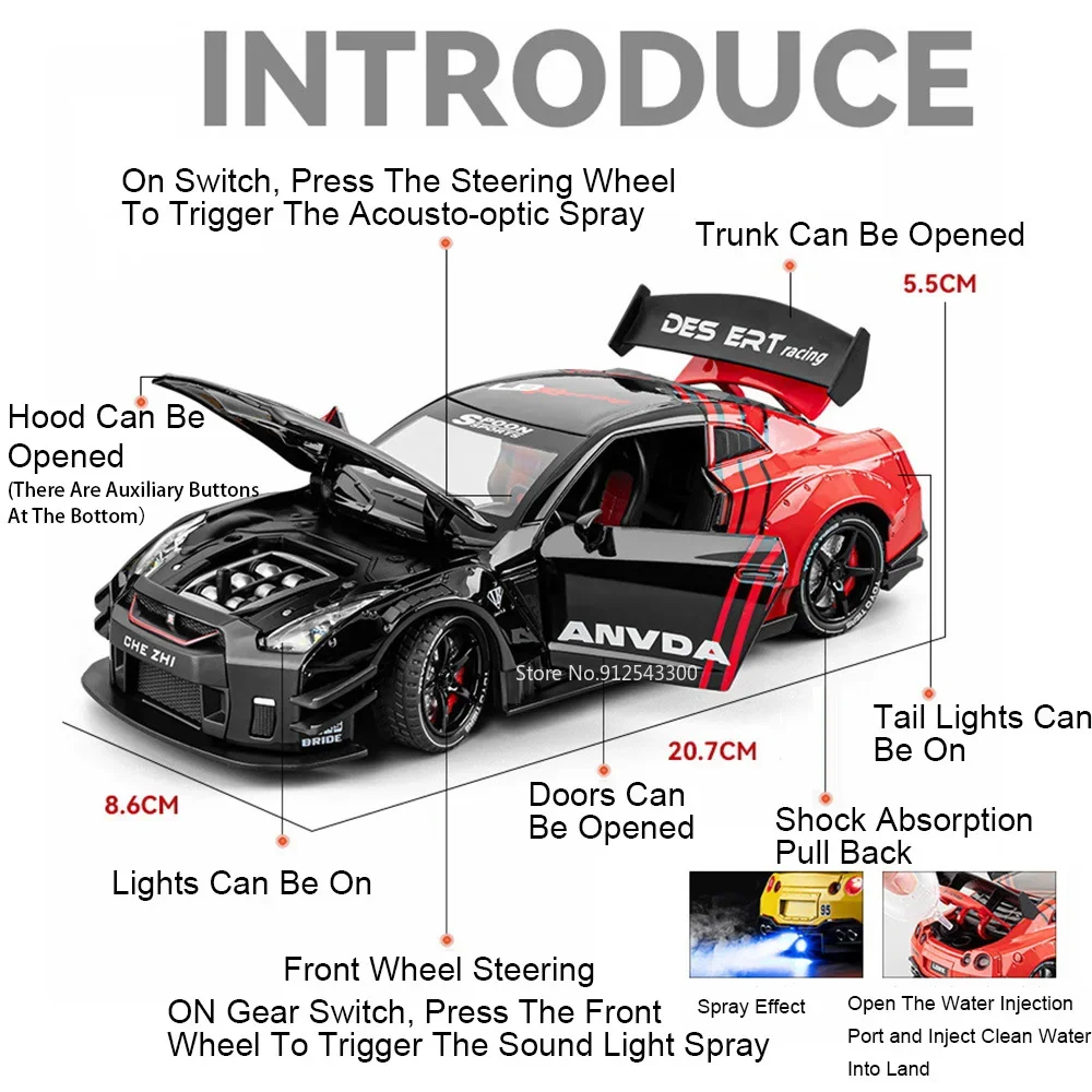 Model samochodu wyścigowego GTR R34 w skali 1:24, zabawka, odlew ze stopu, otwierane drzwi, napęd na sprężynę, modele samochodów sportowych, dźwięk, światło, prezenty dla dzieci.